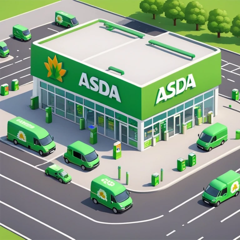 Isometric ASDA store with green logo, petrol station, large parking area, and delivery vans emoji