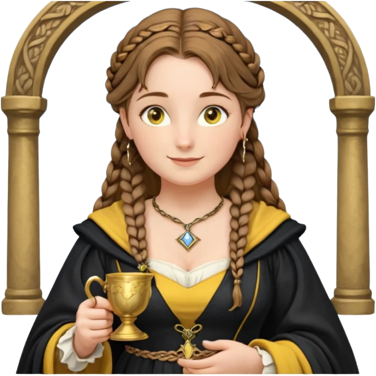 Helga Hufflepuff, light blue eyes, brown-haired, two braids, yellow-black medieval dress, black cloak decorated with gold braiding, tiny gold cup with two handles, very kind smile, half-turned in profile, curvy busty sweet woman, macromastia, thick round rosy cheeks, full length with medieval shoes emoji