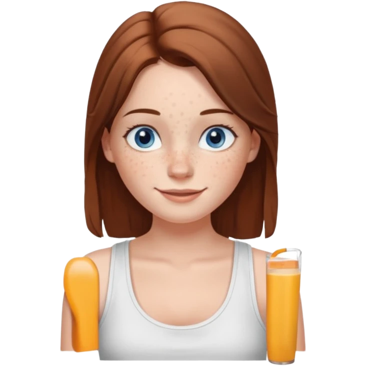 Una chica de tez blanca con pecas, nariz respingada, labios gruesos, ojos grandes color azul grisáceo, pelo largo, lacio, color castaño. Con una blusa de tirantes blanca. Que este sonriendo y q solo se vea de la cintura hacía arriba emoji