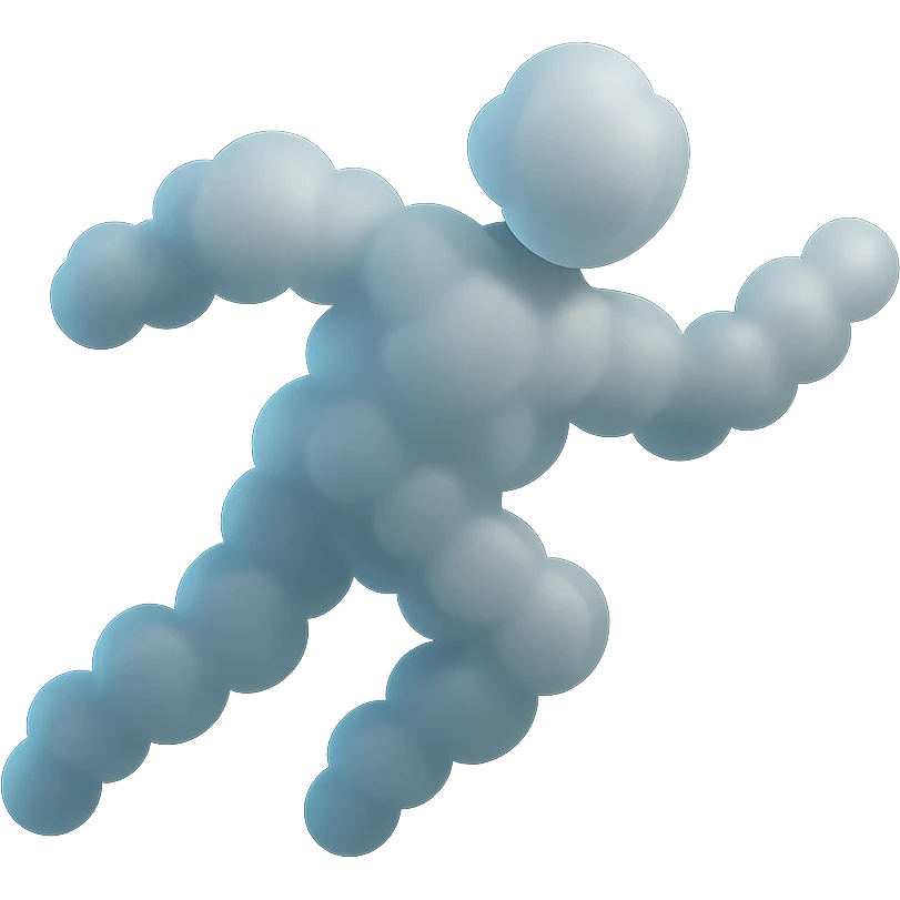 flying person composed of small white fluffy clouds, matte glass style, minimalism emoji