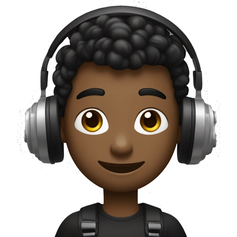 CHICO DE PELO NEGRO OJOS NEGROS Y CAMISETA NEGRA EN FORMA CON UNOS CASCOS DE MUSICA BLANCOS Y UNA PESA DEL GYM EN LA MANO emoji