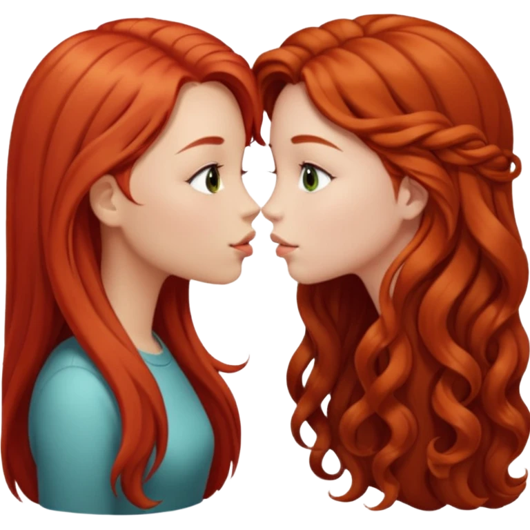 two girls kissing, one with long straight red hair, the other with long curly light brown hair emoji