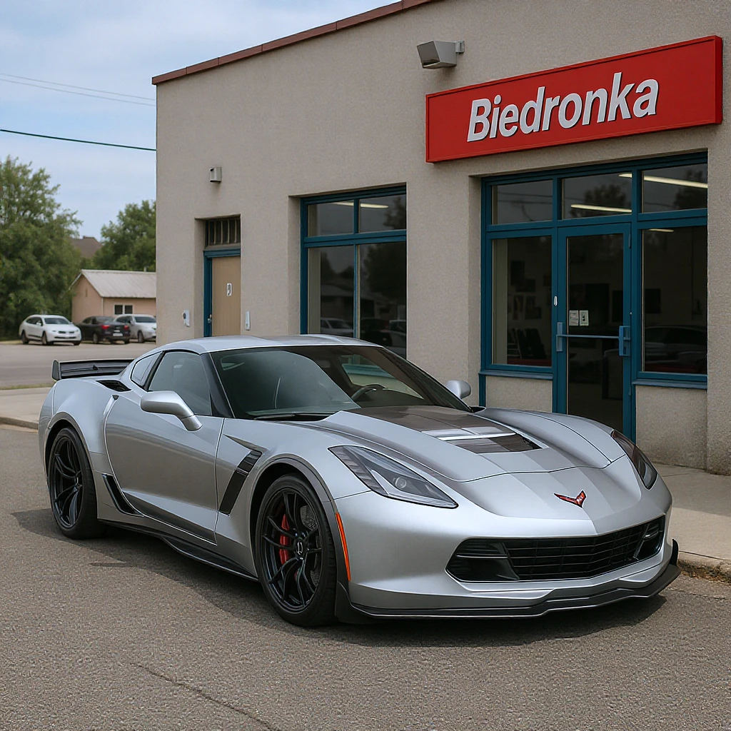 Photo of a Corvette Z06 silver parked next to polish shop "biedronka" emoji