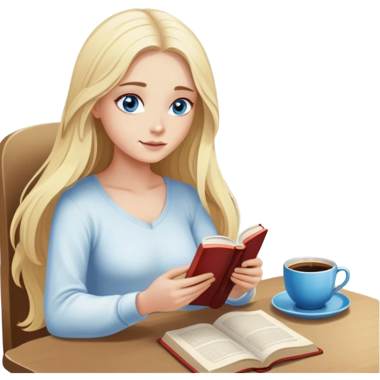 Cinematic realistic blonde with long hair and blue eyes, sitting reading a book, coffee is on the table next to her emoji