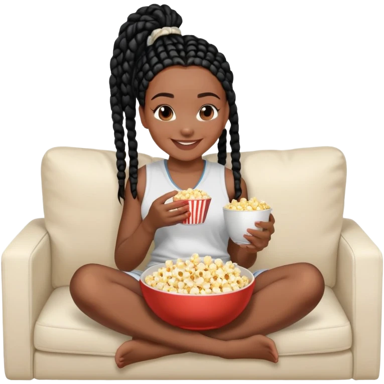 A dark-brown-skinned Black woman with black box braids, holding a large bowl of popcorn in her lap, smiling , wearing comfy loungewear sitting on couch emoji