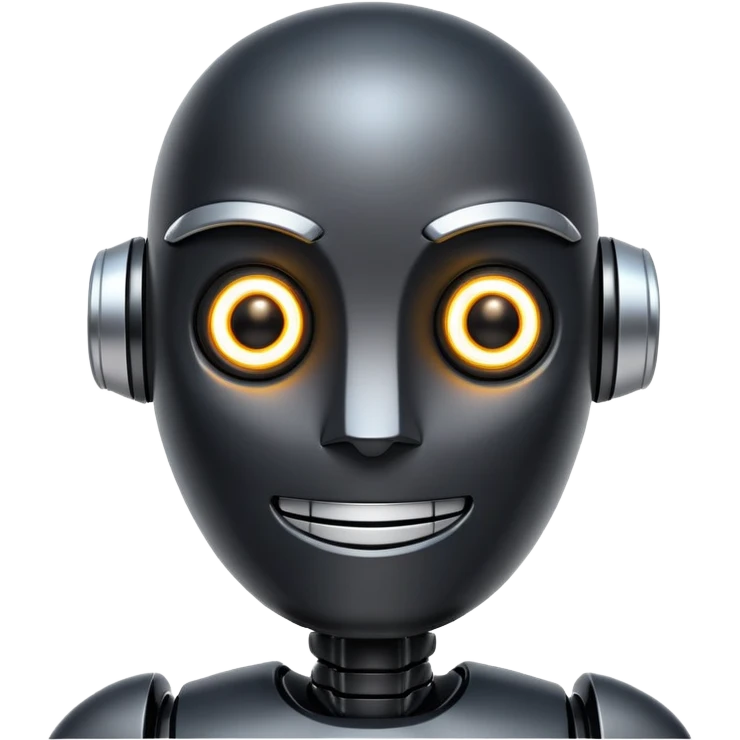 friendly modern face of a black robot with bright white led eyes, smiling, non-threatening emoji