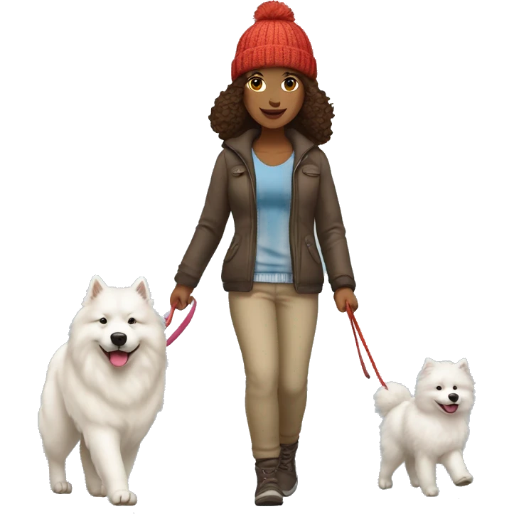 full body view of brunette female with light skin tone with knit hat walking a samoyed on a leash emoji