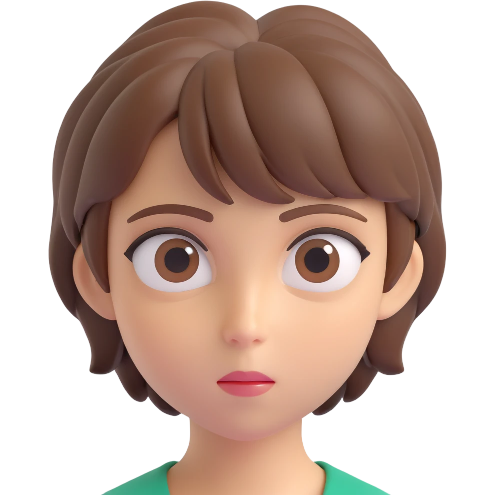 apple-style 3D emoji of a young person with short tousled brown hair, smooth skin, big expressive eyes, neutral expression, soft shadows, glossy plastic texture, bright pastel colors, fun cartoonish look, head centered, neutral background emoji