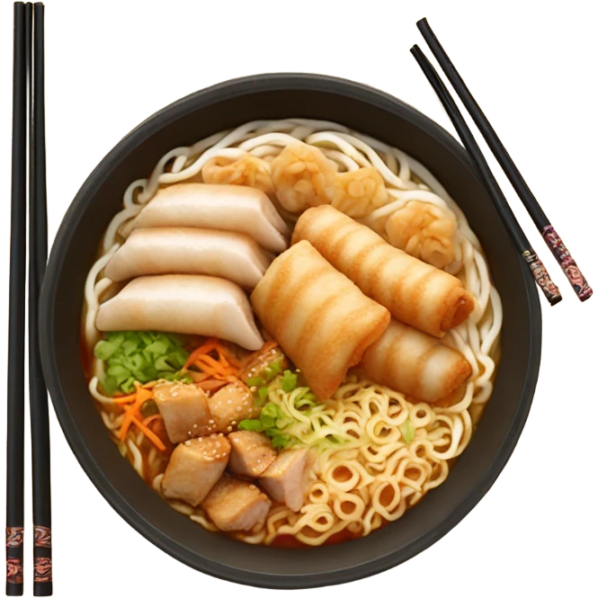 Buldak ramen with chicken and spring rolls emoji