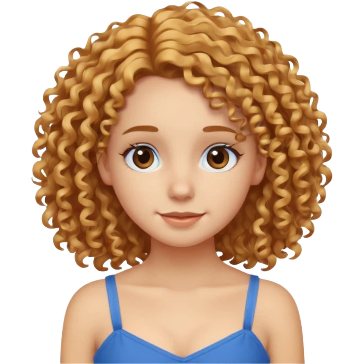 girl with curly golden hair, brown eyes, blue camisole dress, friendly expression emoji