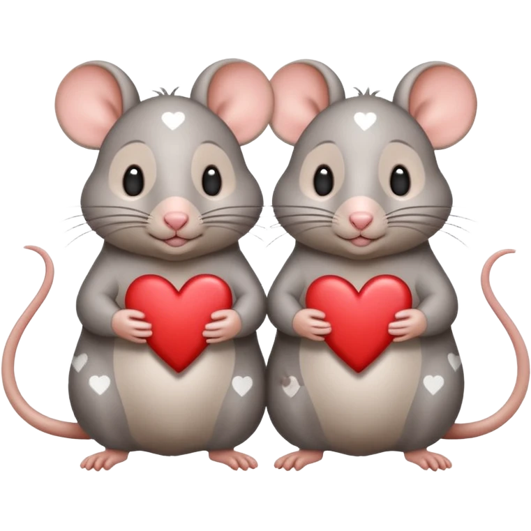 two fat little rats holding hearts one grey with white spots one warm brown emoji