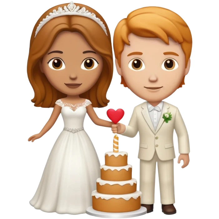 wedding cake toppers with white man with brown hair and white woman with light ginger hair emoji