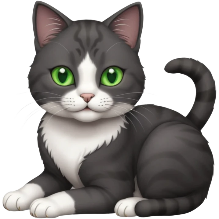 beautiful female solid dark grey cat with green eyes, white toes/paws and white patch on her chest rolling over emoji
