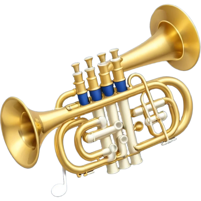 “Flat vector icon of a golden side-view trumpet with mouthpiece, bell, and three valves, thick outline, centered on a deep navy blue rounded-square (or circle); from the bell, 2–3 small white or light-blue music notes with dark outline emerge.  emoji