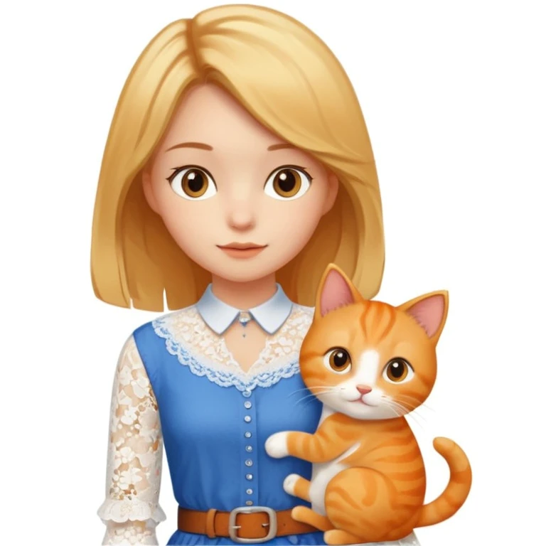 A very beautiful girl with honey-blond hair and kind eyes. She has medium-length hair, is wearing a white lace blouse, blue pants, and a brown belt, and is holding an orange cat.
 emoji