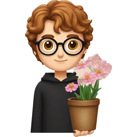 Dessine Harry potter avec des lunettes rondes un baguettes magique dans une main avec les cheveux ondulés avec une cicatrice sur le front et des pots de fleurs dans les mains  emoji