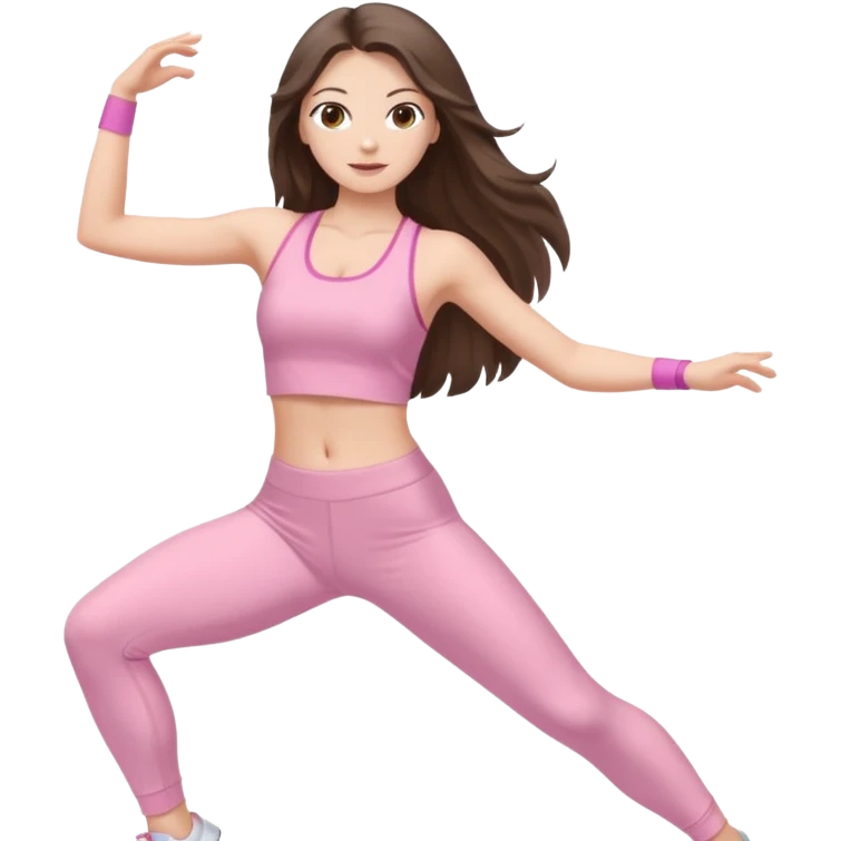 white brunette girl long hair with hazel eyes in light pink workout clothes dancing  emoji