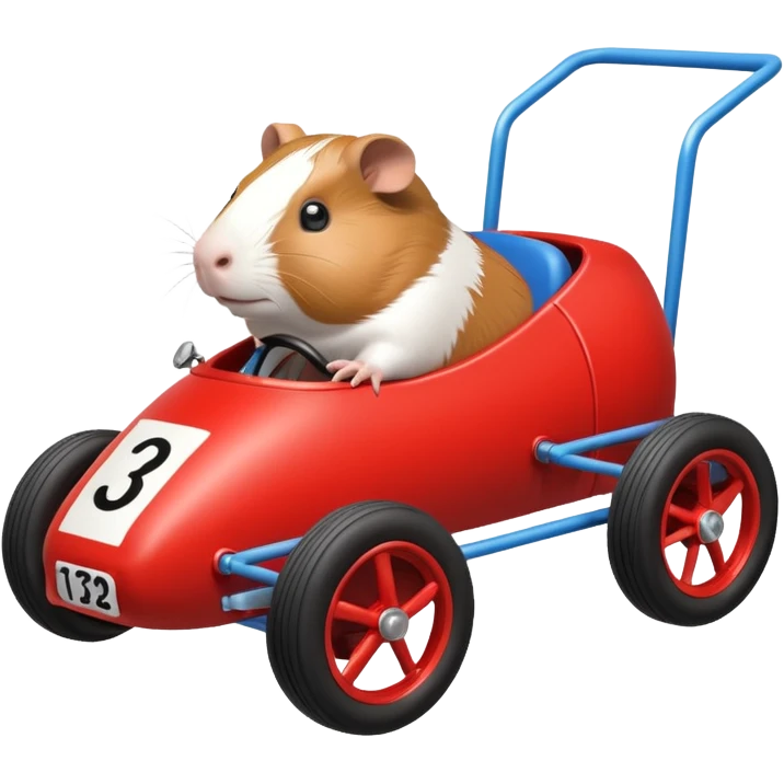 Special air-cooled three-cylinder race car whose frame and suspension is made of shopping cart material with a large rear-mounted gas tank, a soft racing seat, and rear spoiler, is being raced by a small Guinea pig emoji