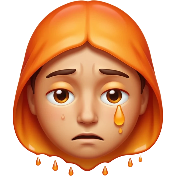 Apple-style emoji illustration of a person melted, overheated face with sweat drops, half-closed exhausted eyes, annoyed or angry expression, warm orange and red tones, soft 3D emoji style, smooth gradients, rounded shapes, centered composition. emoji