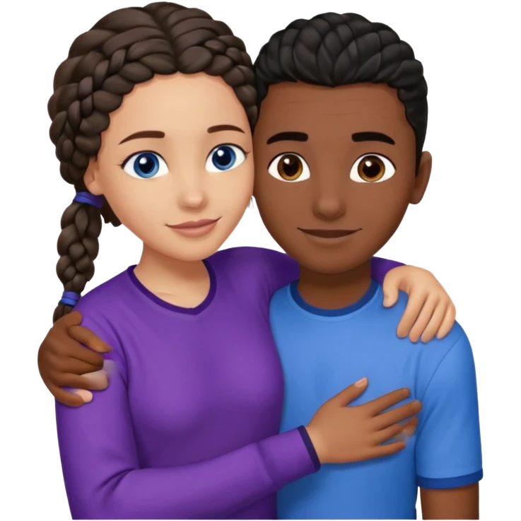 Boyfriend who is middle Easterntan olive skinned with blue eyes and wavy straight brown hair in a blue shirt and his African girlfriend who is very black skinned, juicy lipped with black braided hair and the two are hugging and smiling hugely she’s wearing purple and she has black eyes emoji
