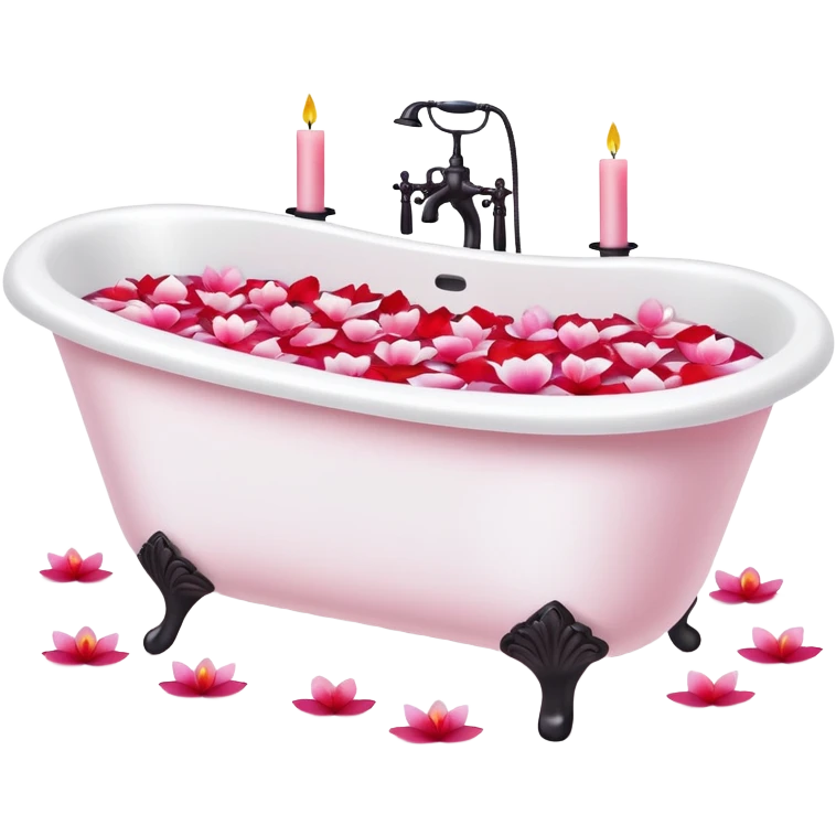 A white bathtub with flower petals and scented candles, romantic lush warm colors emoji