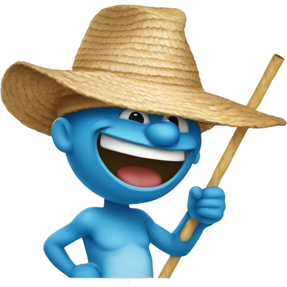 "A Smurf laughing with a straw hat on his head." emoji