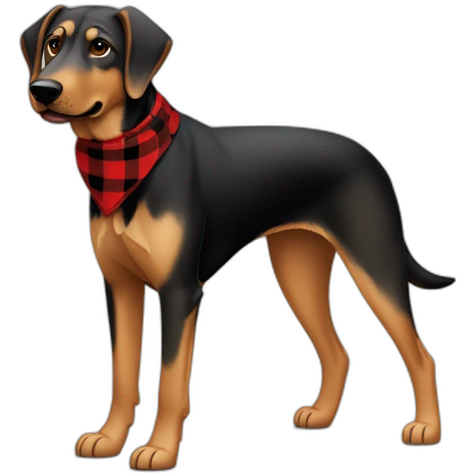 adult 75% Coonhound 25% German Shepherd mix dog with visible tail wearing small pointed red buffalo plaid bandana full body walking left quickly emoji
