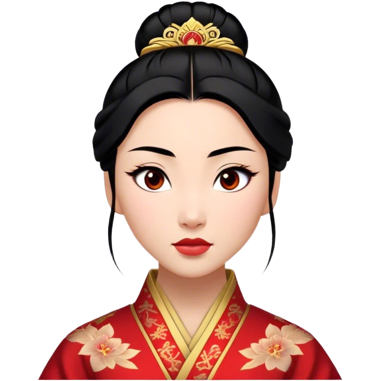 Cinematic Realistic Majestic Mulan Portrait, featuring finely rendered light skin with natural luminescence and expressive, determined eyes. Her black hair is styled with care into an elegant bun, and every fold of her traditional robe—adorned with subtle red motifs and refined gold trim—is depicted with intricate fabric detail. The scene is bathed in soft, natural light that enhances the depth and authenticity of the image, conveying a noble and serene aura that embodies timeless elegance and inner fortitude. emoji