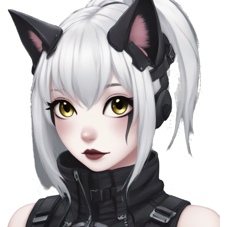 Gorgeous gothic dark techwear anime style anthro cat with blushing face aesthetic and pretty edgy black with collar and harness trending style emoji