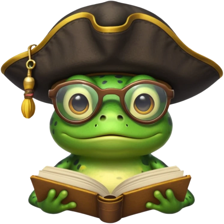 frog wearing pirate hat with glasses and yellow book emoji