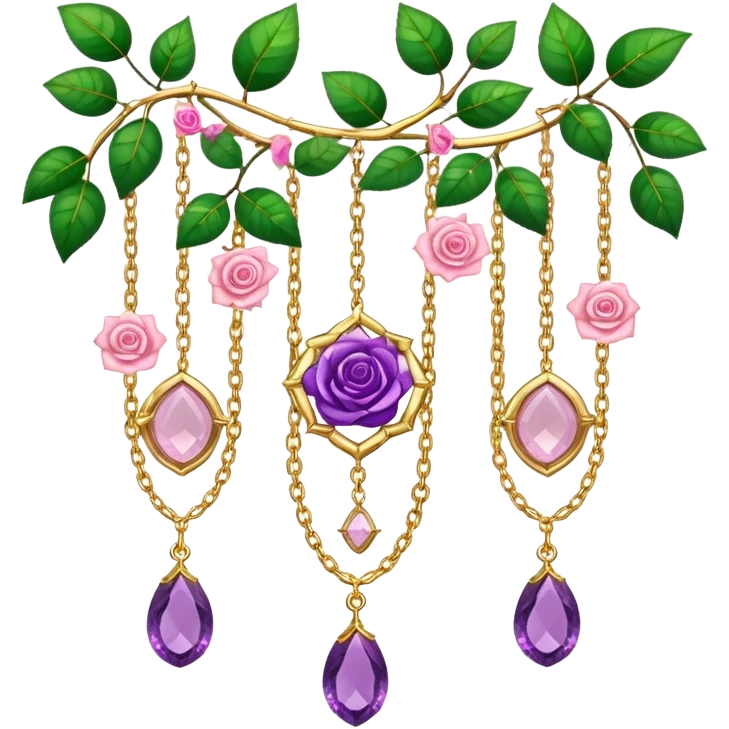 Hanging suncatcher, gold chains with shiny sparkly amethyst and rose-quartz gemstones, roses, beautiful leaves, gorgeous aesthetics emoji