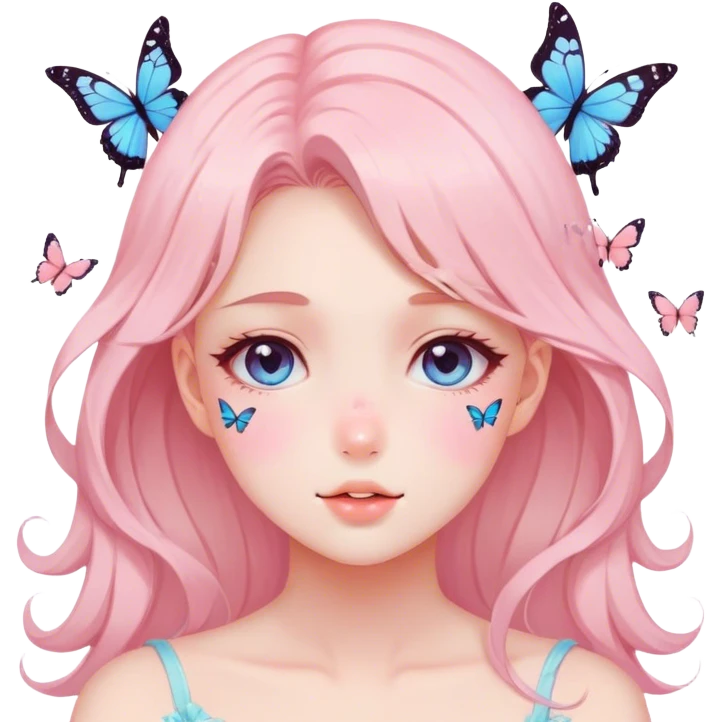 Gorgeous pastel anime style lady with blushing face and butterflies aesthetic trending style emoji