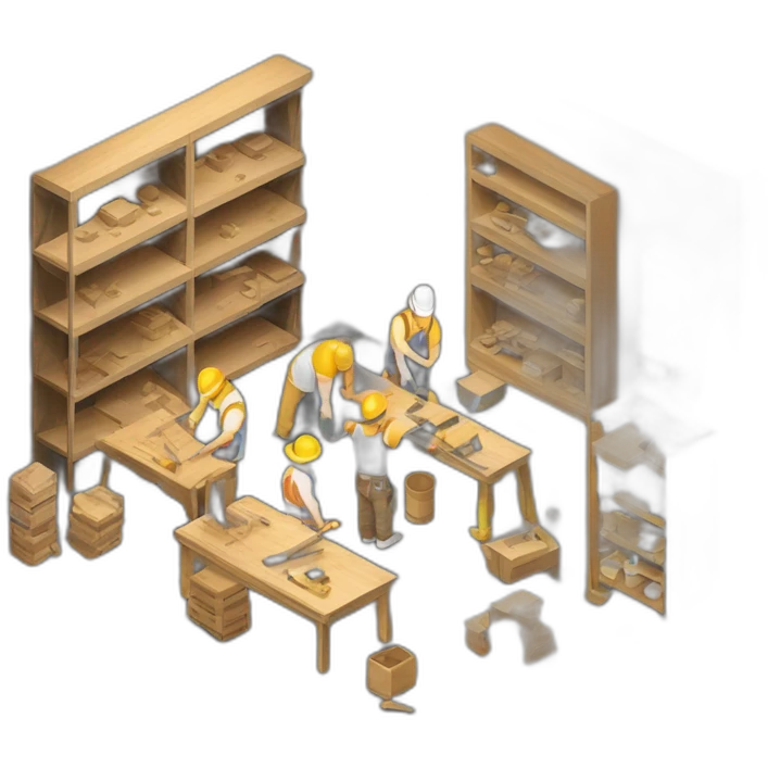 isometric square transparent solid outline border containing indoor woodshop people actively working concrete floor black tables metal shelves emoji