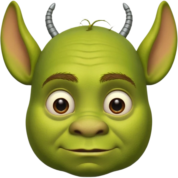 Shrek avec deux petites antennes-oreilles cylindriques plantées de chaque côté de la tête : elles sont courtes, épaisses, avec une ouverture ronde à l’extrémité.
 emoji