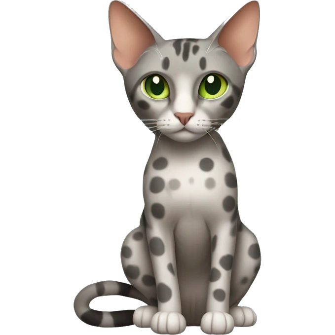 Short-haired oriental cat ,full body , grey coat with spots , green eyes , terracotta nuzzle emoji