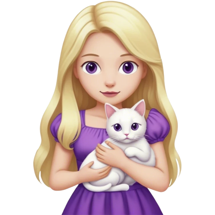 ผู้หญิงใส่ชุดกระโปรงถือแมวสีขาว ชุดกระโปรงสีม่วงไว้ผมยาวสีบอล emoji