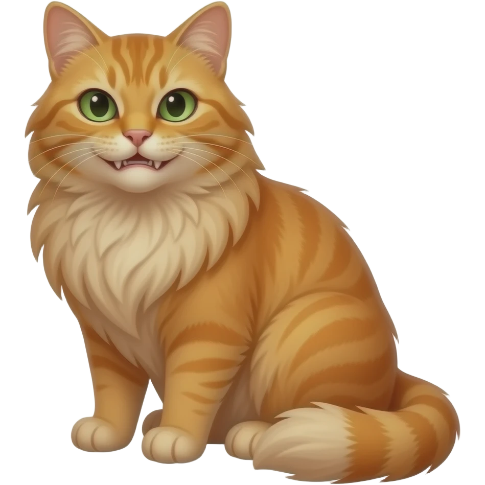 long haired orange cat with determined eyes, green eyes, long haired, smirk, one teeth, full body, sitting, emoji