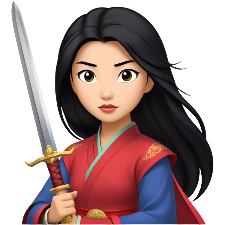 Cinematic Realistic Mulan Portrait, depicted with lifelike skin texture, soft natural lighting, and intricately detailed long black hair styled elegantly. Her deep, expressive eyes exude determination and grace, complemented by a serene yet confident expression. She stands with one hand resting on the hilt of her sword, the other by her side, exuding strength and poise. She is dressed in her classic attire, with rich fabric textures and delicate folds that catch the light beautifully. The portrait features a soft, enchanting glow with a natural, radiant finish, capturing the essence of timeless strength and beauty in a realistic and painterly style, evoking a sense of depth and authenticity. emoji