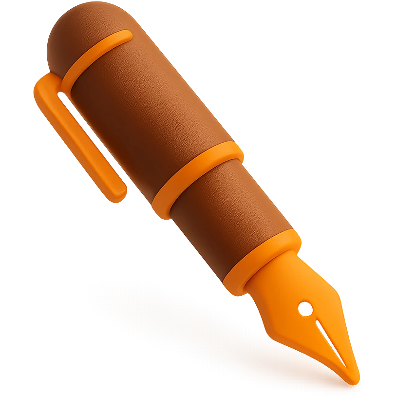 fountain pen, 3D, brown camel leather, Hermès orange accents, elegant, no text emoji