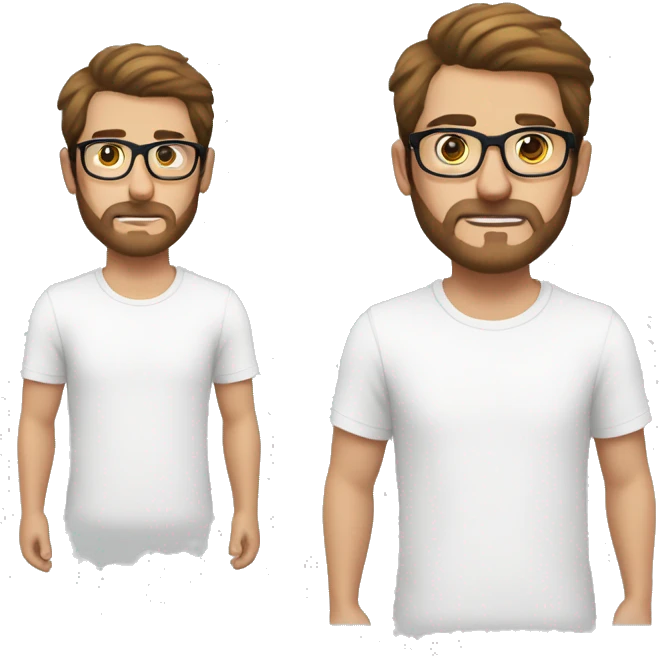 Young man with a short beard, brown hair and a moustache, wearing a white t-shirt and glasses with transparent frame emoji