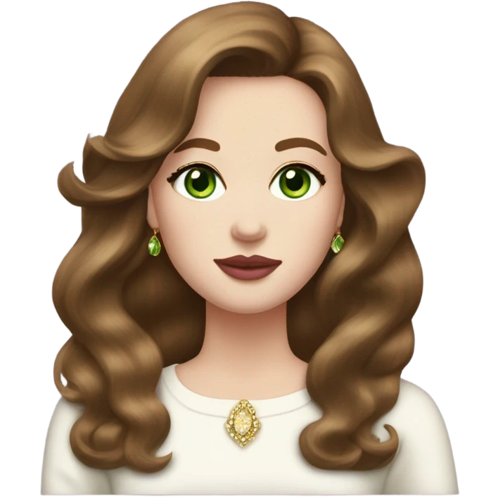 woman, with chestnut brown hair, her hair are a 90s voluminous blowout with curtain bangs, she has very green eyes and a white pale skin, she has pink lipstick on and long lashes, she wears a white to and  gold earrings  emoji