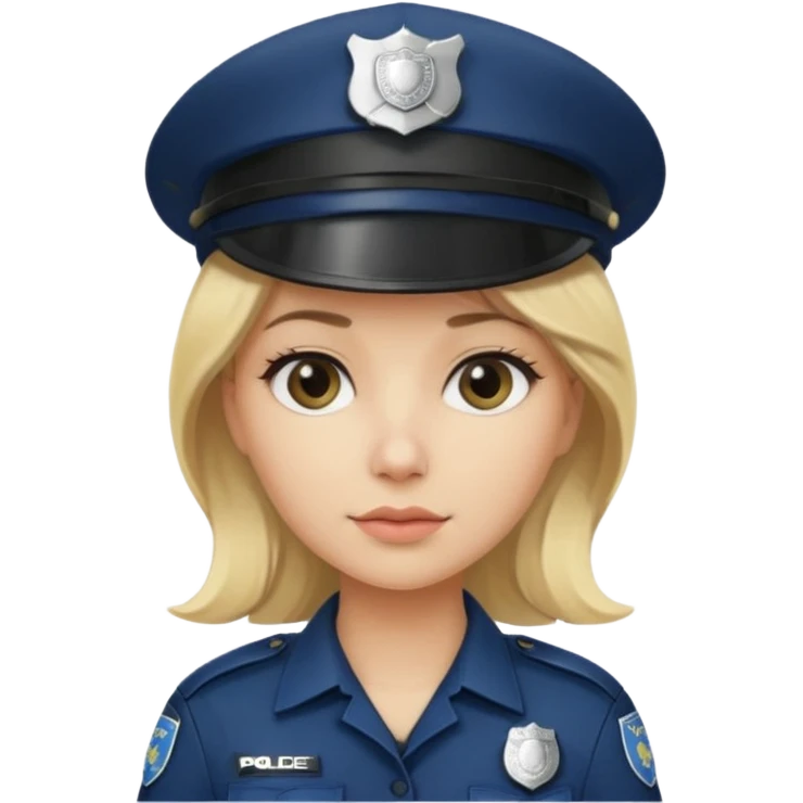 A blonde woman wearing a dark police hat with a silver badge, looking straight ahead with a calm expression. emoji