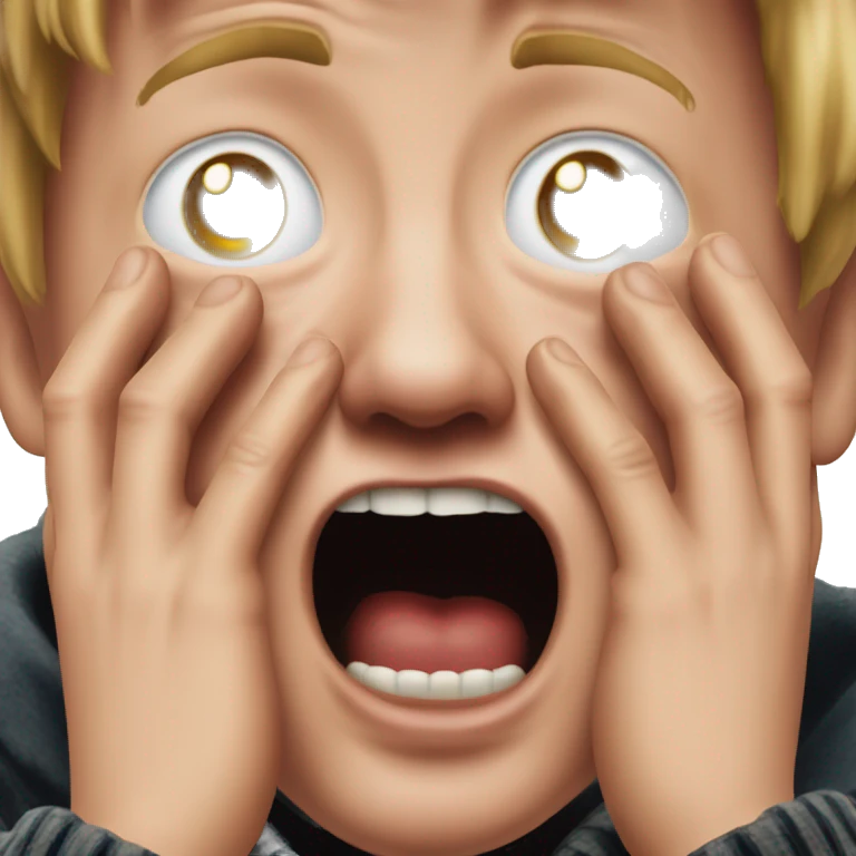 kevin McCallister from Home Alone, putting both hands on his face and screaming of fear. bring the hands down lik he is putting on his cheeks. emoji