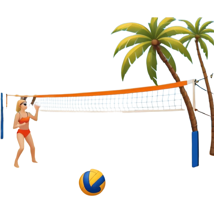 A volleyball resting on the orange sand of a beach, with a volleyball net in the background. The scene includes a beautiful beach landscape with blue sea, sky, and palm trees, while a couple of women in swimsuits play in the distance, capturing the relaxed yet competitive vibe of beach volleyball. emoji