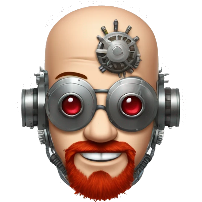 Bald cyborg head with red Mohawk, red beard. silver steampunk monocle goggles a smile and circuits emoji