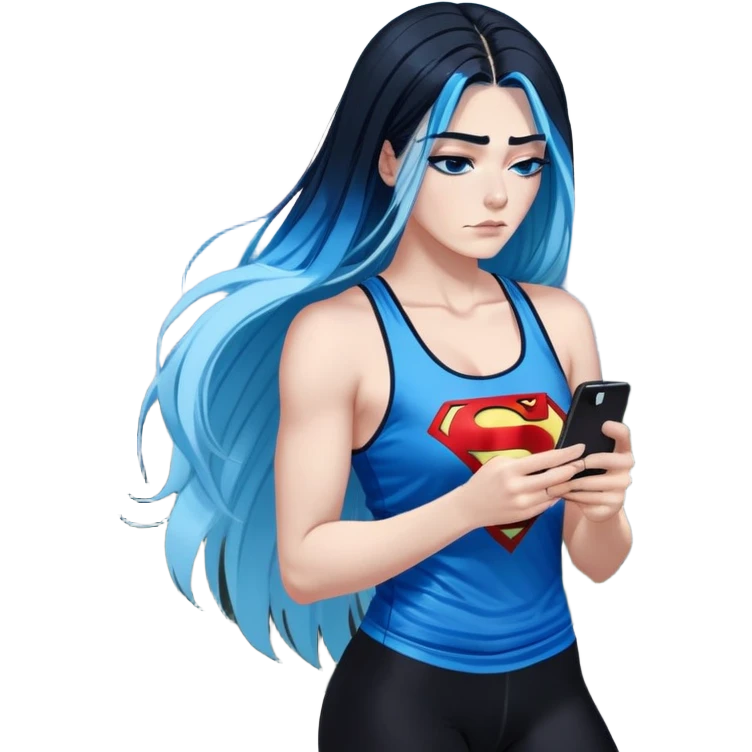 Shameful disappointed crying-very very very very big chest-texting on a samsung cell phone-very long straight flowing black to sky blue hair ombre-blue eyes-black eyeliner-long eyelashes-plastic sparkling sky blue very low cut tank top with sparkling superman logo-black leggings-nike sneakers emoji
