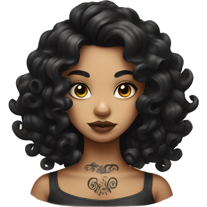 
girl with black hair in curls and art tattoo emoji