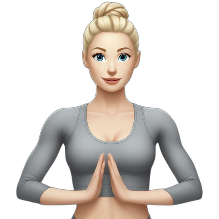 Pale skinned fit woman In a gray tight yoga suit and wristbands With ash blonde hair in a bun doing yoga with Blue eyes emoji