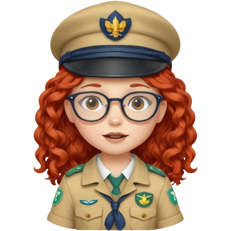 scout girl baby with uniform including the hat,  little with glassess and long curly red hair emoji