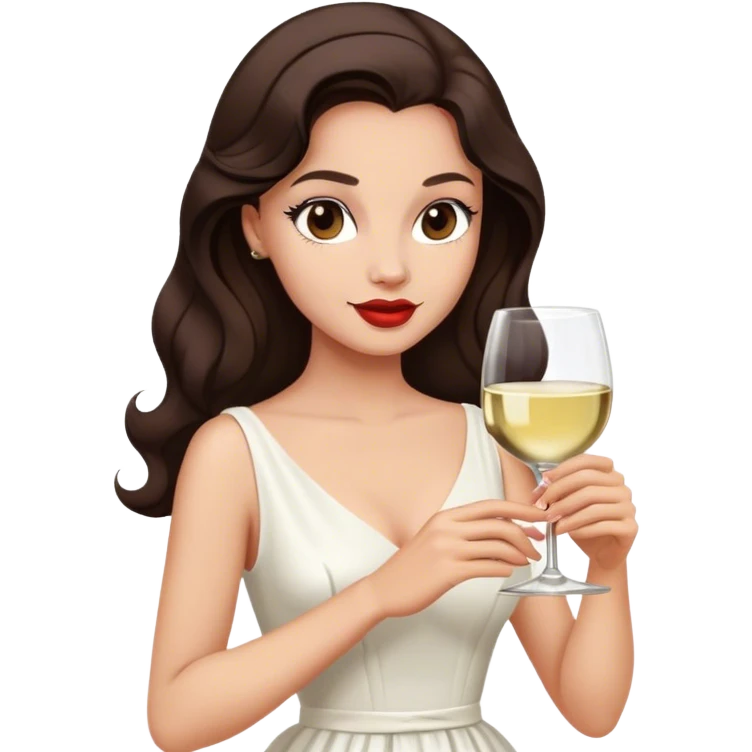 Beautiful woman in 1950’s woman fashion look, white dress, long hair, wine, dark brown hair emoji